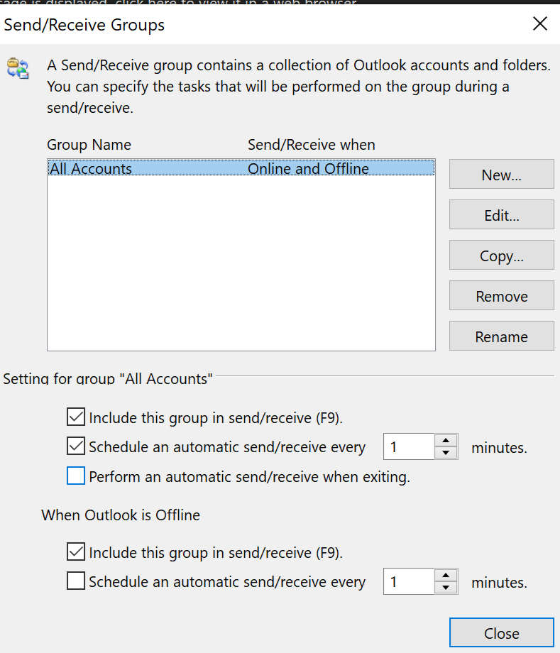 Outlook send/receive settings