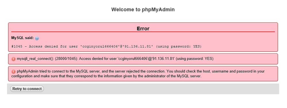 phpadming login error message
