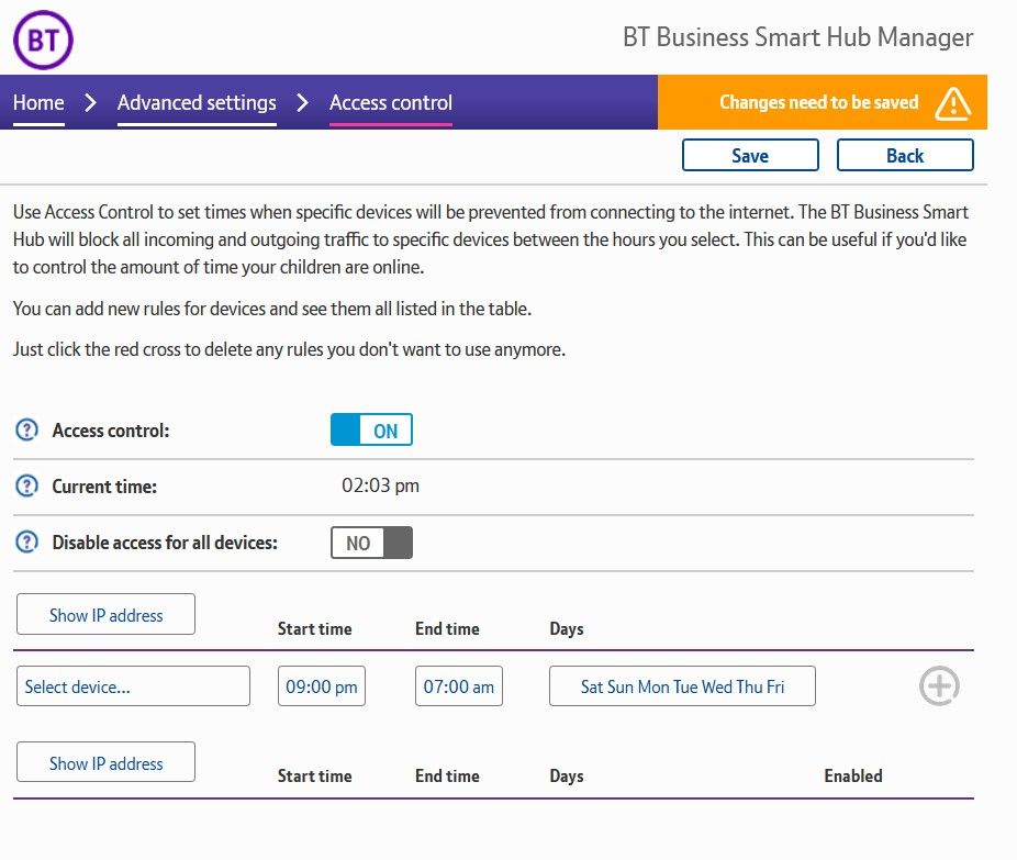 Access controls on BT Smart Hub 2 Community