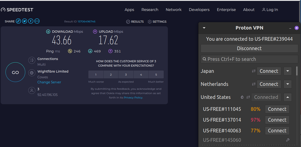 proton speed test ookla with vpn to usa.png